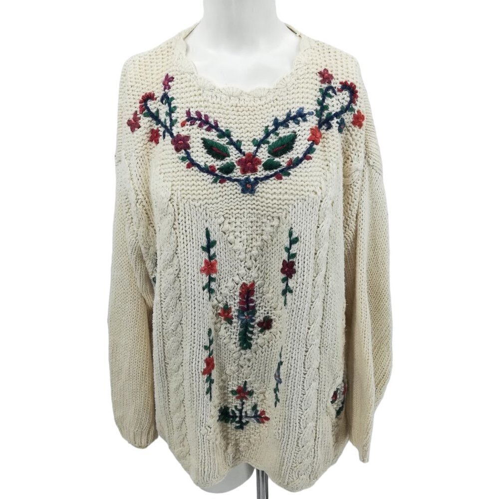 Vintage Cable Knit Embroidered Floral Oversized Sweater Size L Classic Elements